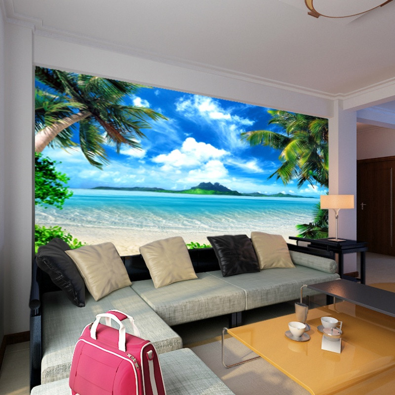 无缝墙布大型壁画客厅大海沙滩椰树清新卧室电视沙背景墙纸壁纸 无缝宣绒布