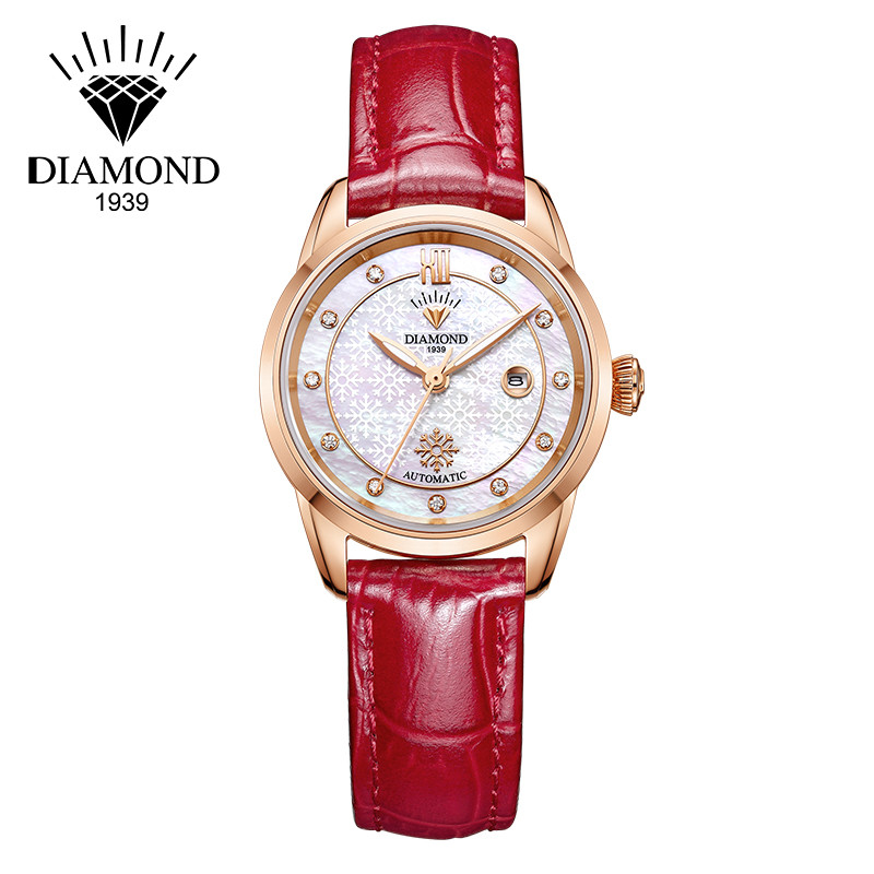 上海钻石牌（DIAMOND）手表 手表女 自动机械女 时尚优雅 镶钻贝母3180钢带皮带女表 玫壳红皮带
