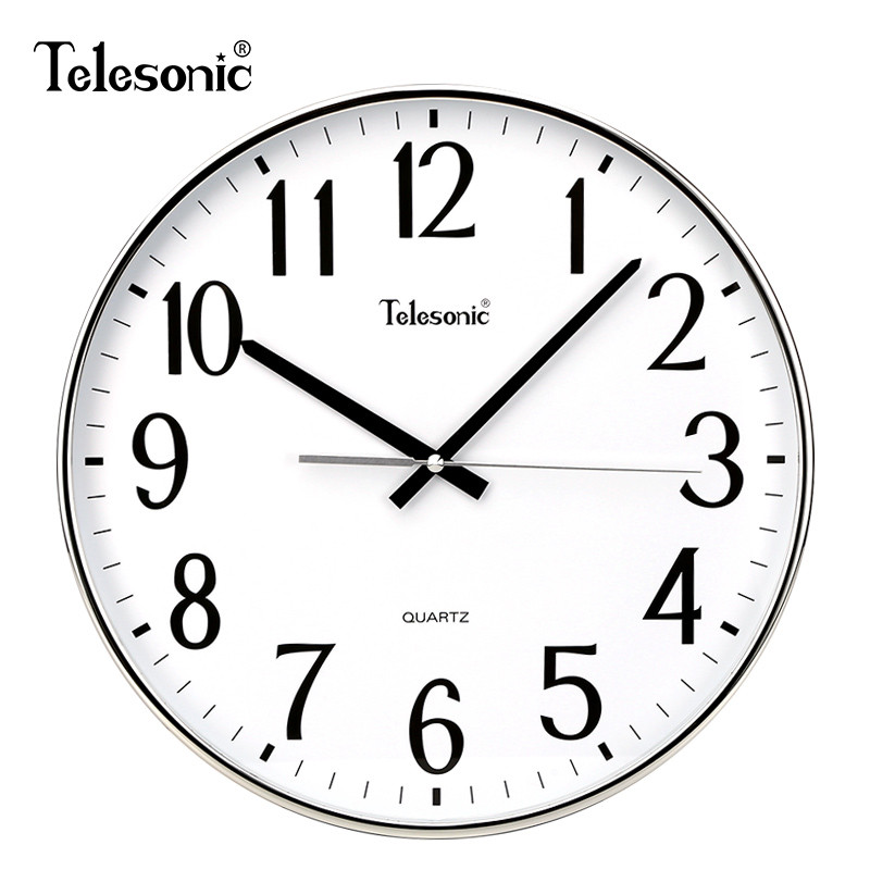 TELESONIC/天王星客厅挂钟简约现代时钟创意潮流圆形钟表静音扫秒扫秒机芯 14英寸 银色【直径34厘米】静音机芯