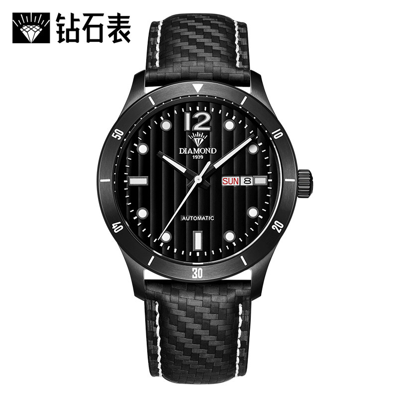 上海钻石牌（DIAMOND）手表男士自动机械男表夜光日历精钢皮带男士自动机械表3200 黑白皮带款