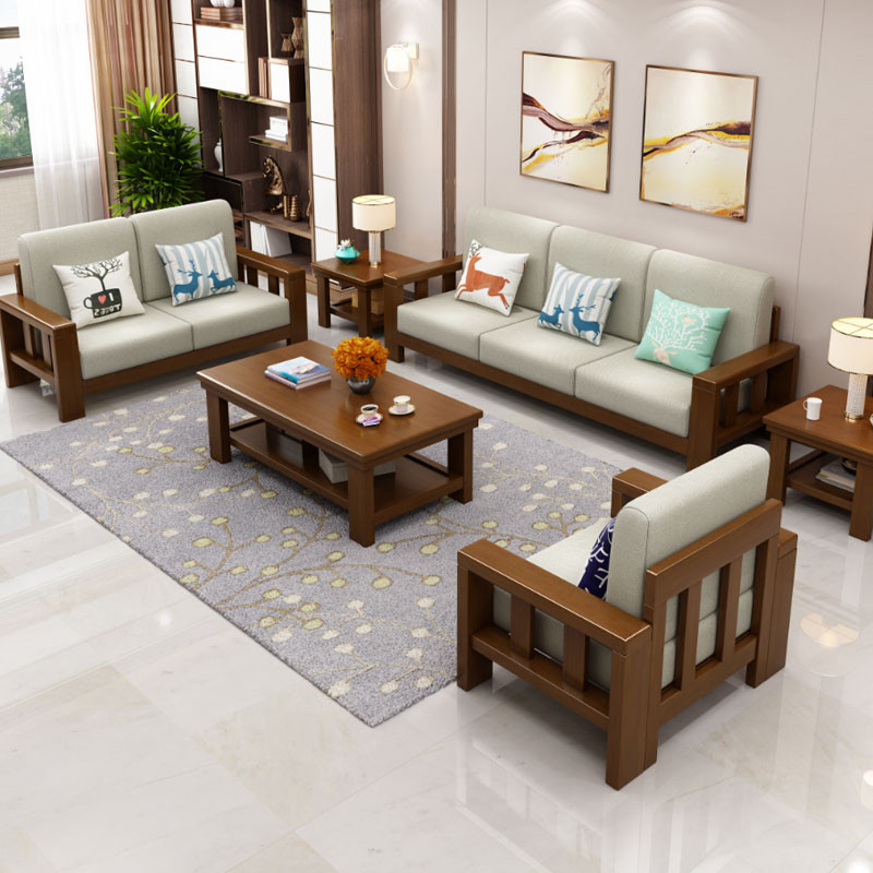 景山百岁 沙发 实木沙发 现代新中式沙发布艺沙发 大小户型客厅木质家具沙发组合 三人位