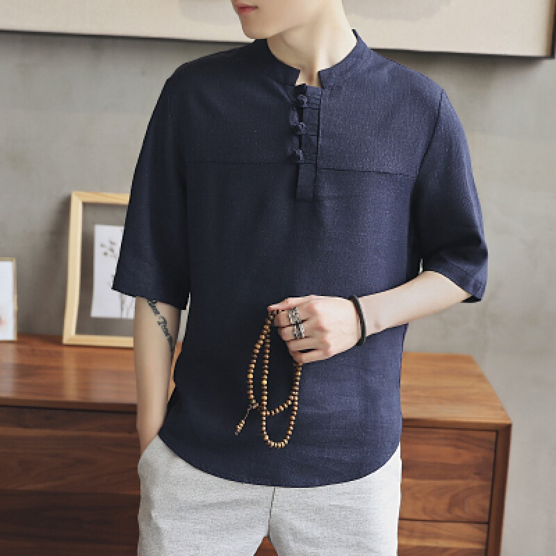 中国风棉麻T恤男装中式短袖麻料盘扣中袖上衣大码亚麻T恤夏季宽松白色长袖 2XL 藏青色短袖