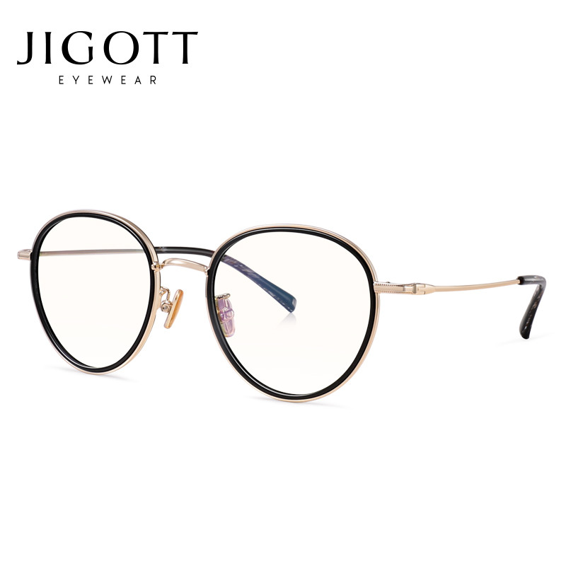 JIGOTT 2019新品防蓝光眼镜架女 复古幼圆框型可配近视眼镜框21612 黑框金边