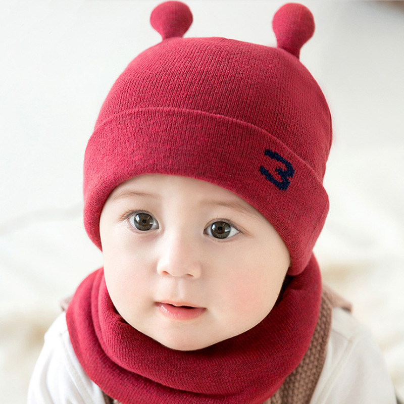 贝迪牛婴儿帽子秋冬 3-6-12-22个月毛线帽男女宝宝帽保暖新生儿帽子 酒红蜗牛针织套头帽2件套 3-22个月左右