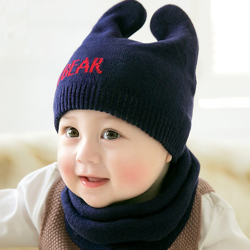 贝迪牛婴儿帽子秋冬 3-6-12-22个月毛线帽男女宝宝帽保暖新生儿帽子 藏青ImBean套头帽2件套 3-22个月左右