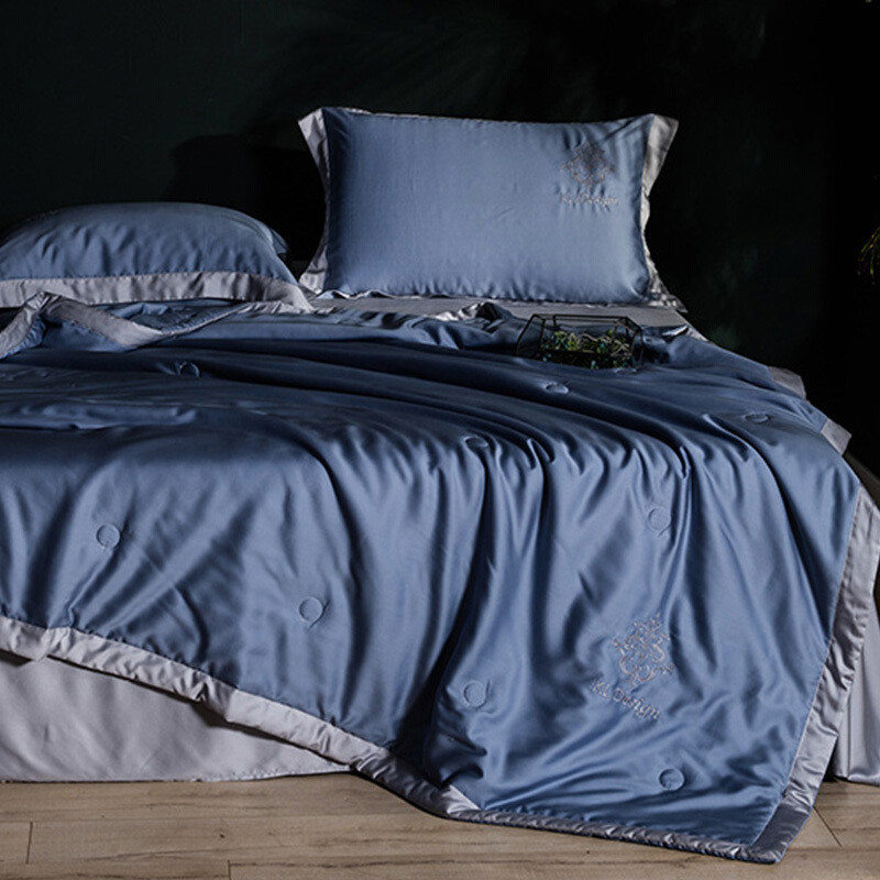 夏季纯色60支双面丝滑天丝夏凉被四件套床单枕套空被可水洗薄被 1.8米(6英尺)床 气质蓝夏被四件套