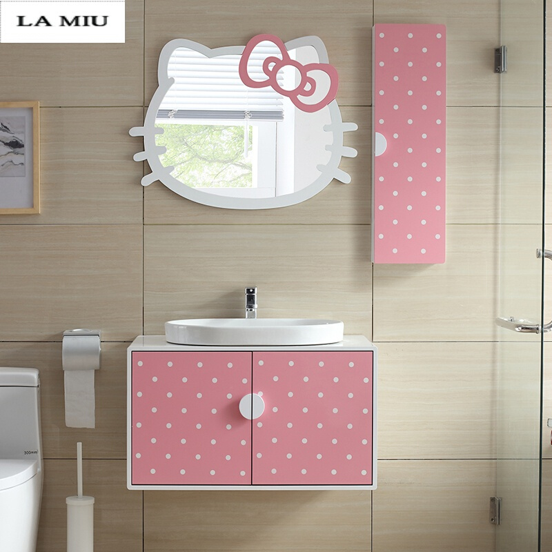 helloKitty浴室柜组合凯蒂猫女生儿童镜子梳妆镜小户型卫浴柜柜0.9米粉红色带侧柜 0.8米粉红色带侧柜 默认尺寸