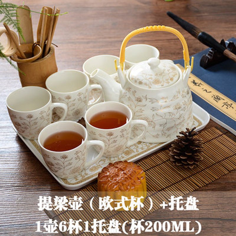 瓷水壶整套茶具套餐陶瓷茶具饮具家用陶瓷热水茶杯茶壶套水壶生活日用家居器皿水具水杯_8 白底金花欧式把手杯