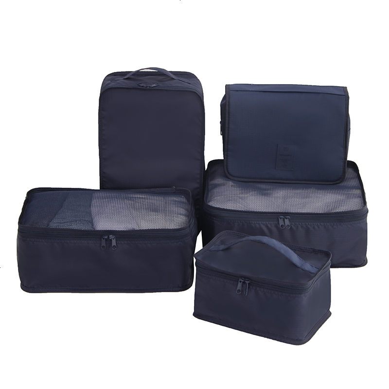 防水旅行收纳袋套装便携行李箱分装整理袋衣物收纳包旅游袋子_28 藏青色-5件套20寸
