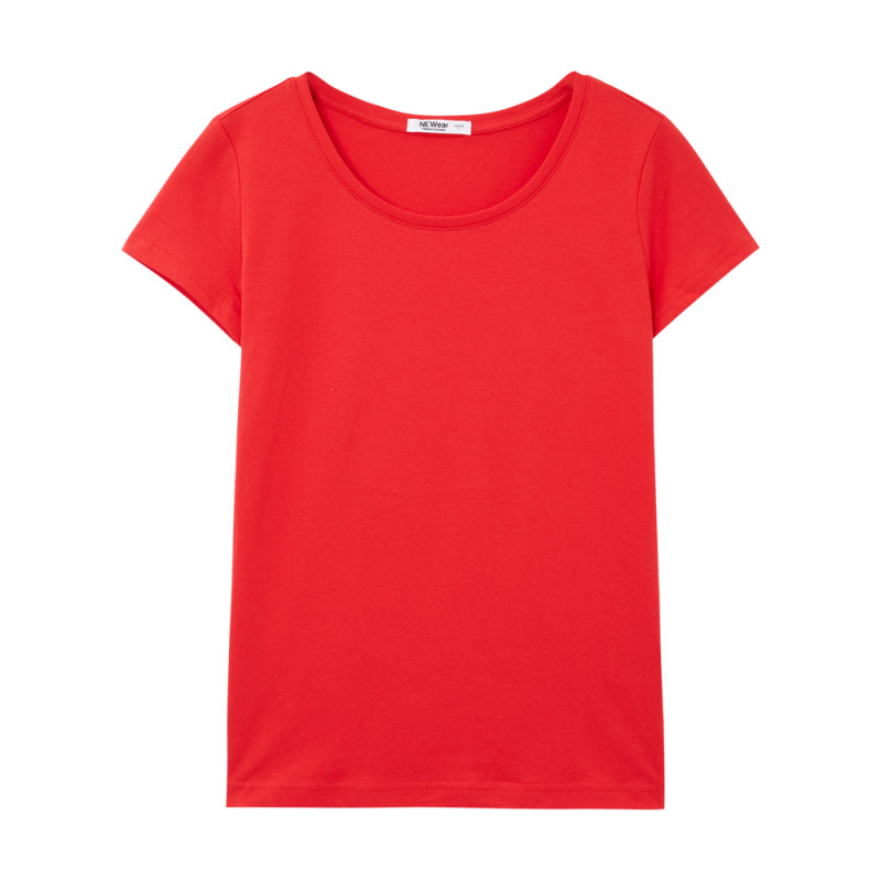 美特斯邦威条纹短袖T恤女夏装基础款简约纯棉舒适合体打底 150/76A 中国红