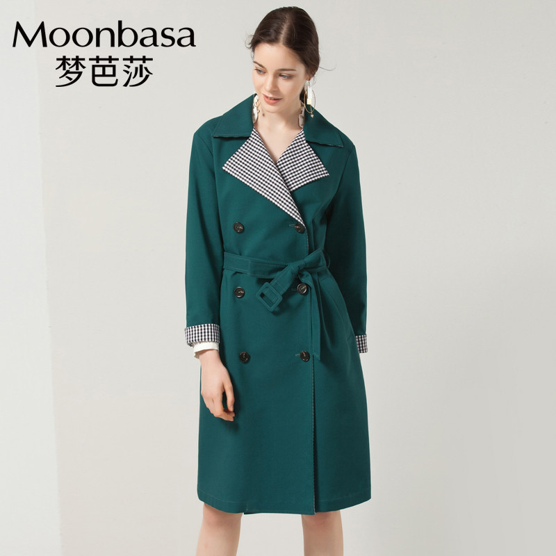 Moonbasa/梦芭莎 优雅时尚宽松型撞黑白格领长款外套（配本布腰带） S 绿色