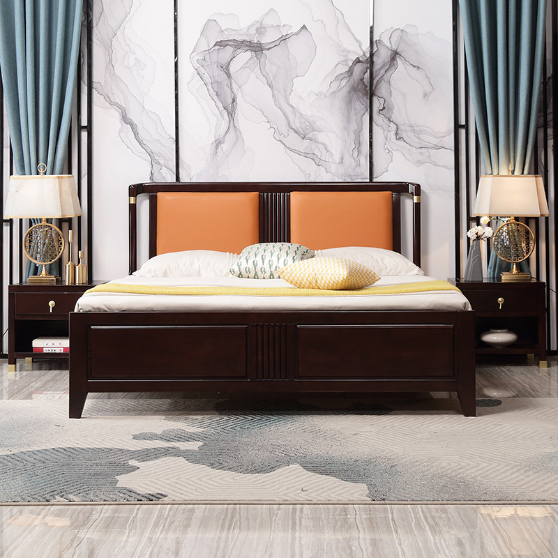 乐米拉(LeMiLa)新中式全实木床现代简约1.8米双人床软靠1.5M橡木主卧婚床木质大床紫檀色 1.8*2米带皮+床垫+床头柜2个