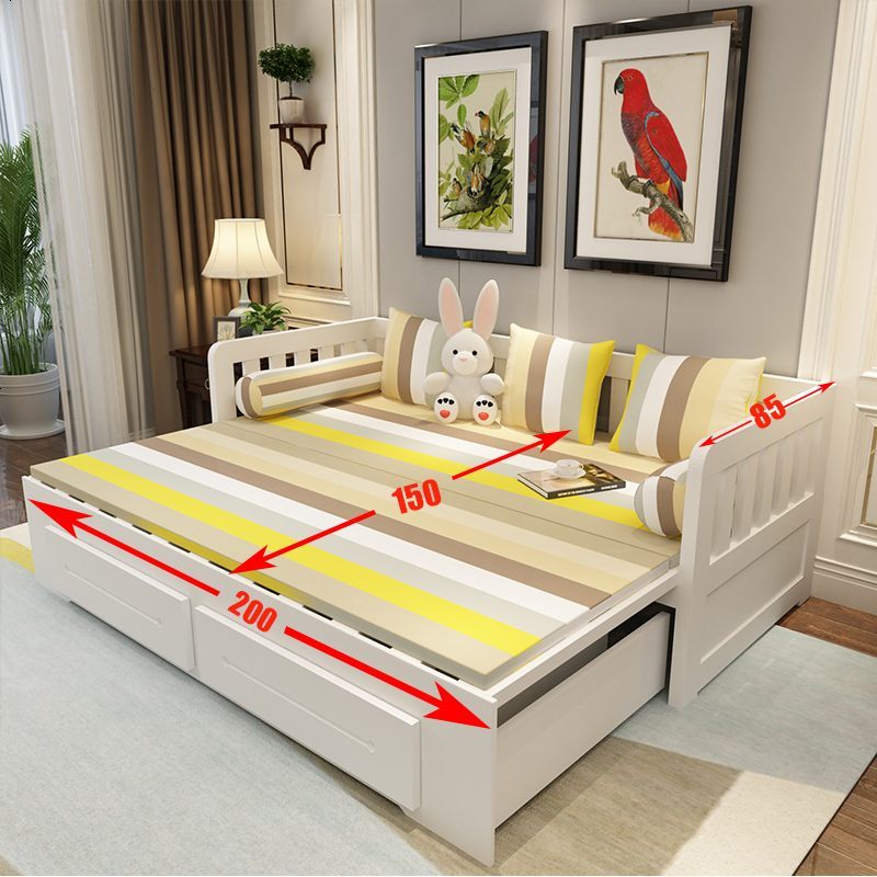 实木沙发床多功能可折叠推拉小户型客厅1.8米1.5米双人沙发床两用 150*200_环保白漆_送全套垫_1.8米-2米