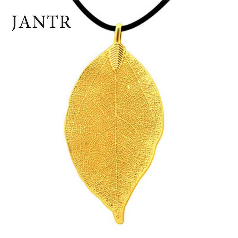 JANTR冬款毛衣链创意叶子吊坠天然树叶项链镀金色防过敏时尚百搭 金色
