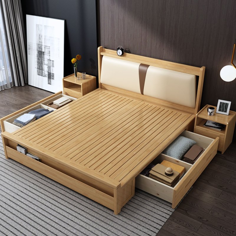 天惠子 床 欧式木质橡木双人1.8米实木床日式简约1.5m卧室皮质软靠床家具 箱抽款单床+2柜+5D乳胶棉床垫【颜色尺寸备注】