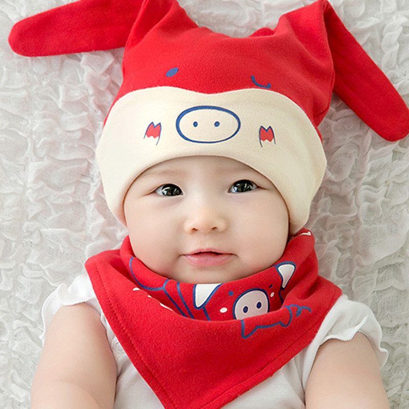 贝迪牛+新生儿胎帽婴儿帽 男女宝宝帽三角巾套装 红色小猪2件套 均码（0-12个月）