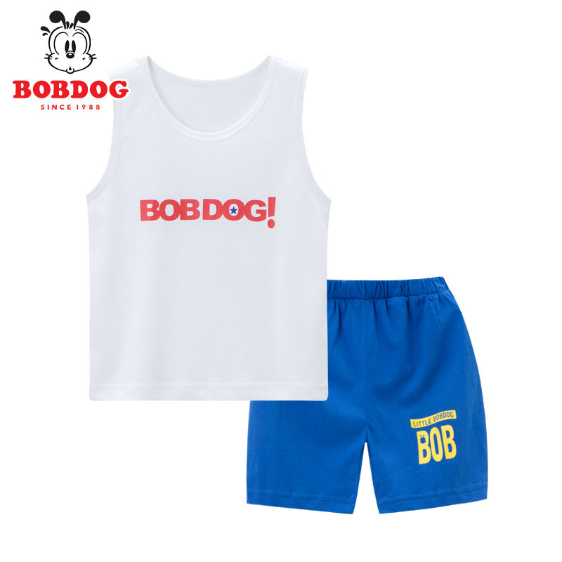巴布豆/Bobdog童装19新款夏季纯棉男童背心套装911G01132 白-宝蓝色 150cm