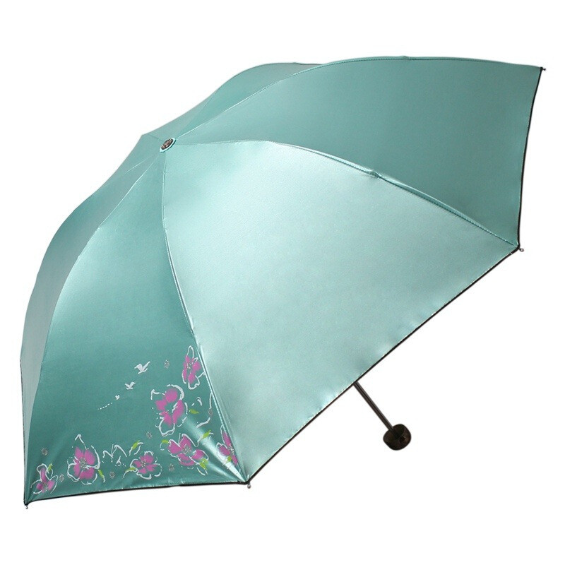天堂伞 彩胶防紫外线三折黑杆钢骨晴雨伞 那时湖绿