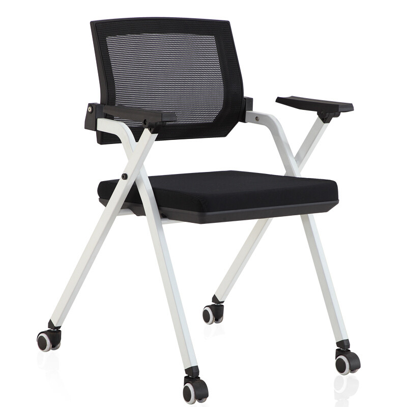 培训椅带写字板折叠桌椅一体学生靠背职员办公椅子简约网布会议椅款 白色轮滑