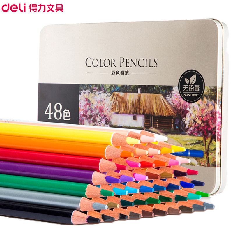 得力(deli)6567高档油性彩铅笔48色直径3.8mm笔身175mm/盒装美术设计专业手绘笔彩铅填色彩笔精品铁盒套装 彩色