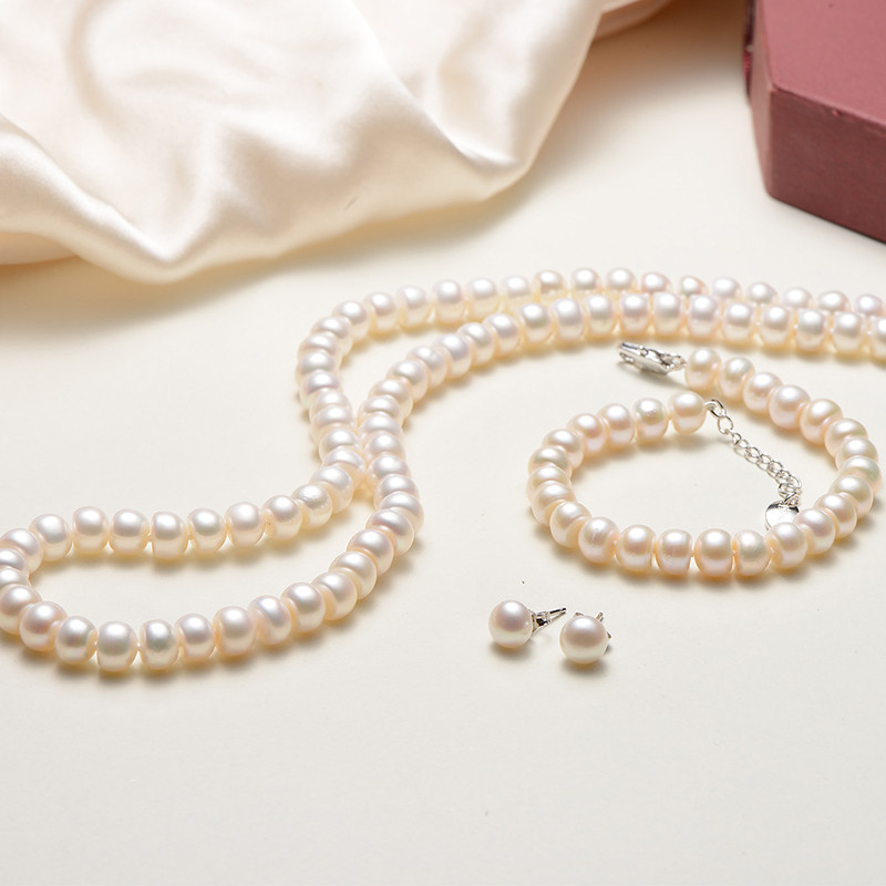 [京润珍珠]想念 7-8mm/8-9mm扁圆白色淡水珍珠项链手链耳钉三件套 珠宝宠自己送妈妈