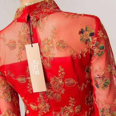 忆红妆 时尚中式中长袖新娘结婚敬酒长款旗袍