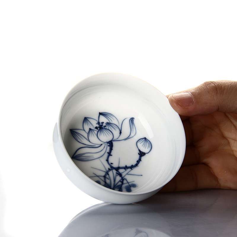郑品 手绘荷花茶杯青花瓷品茗杯子 茗杯功夫茶杯 碗型