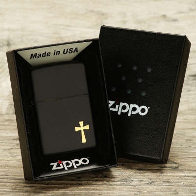 芝宝zippo打火机礼盒套装 黑哑漆金色十字架 黑