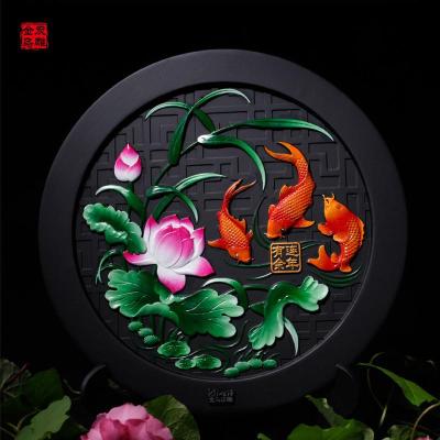 金乌炭雕 连年有余圆盘 家居装饰摆件活性炭工