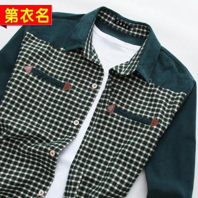 第衣名旗舰店男士长袖<em>格子</em>条纹拼接<em>衬衫</em>绿<em>咖啡</em>