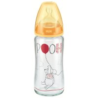 NUK耐高温240ml宽口玻璃彩色迪士尼维尼奶瓶（带初生型硅胶中圆孔奶嘴，适合0-6个月）