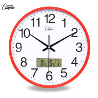 康巴丝静音客厅挂钟表办公室简约日历时钟现代时尚壁挂表石英钟表(25c)_14英寸（直径35.5厘米） 红色款