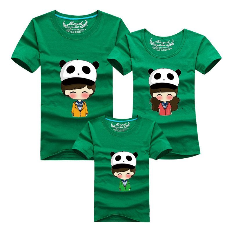夏季棉质休闲圆领短袖体恤衫 卡通图案一家三口家庭装情侣t恤 熊猫