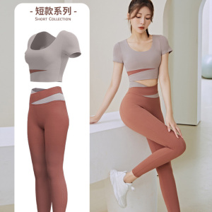 瑜伽服套装女运动跑步健身服速干衣夏季短袖拼接撞色带胸垫性感紧身长裤两件装JPTK202
