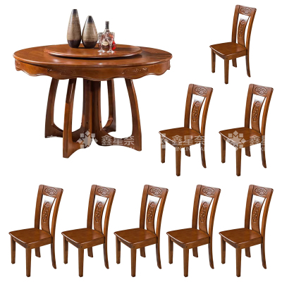 鑫星奈 实木餐桌圆盘餐桌椅组合1.5米圆桌8把餐椅