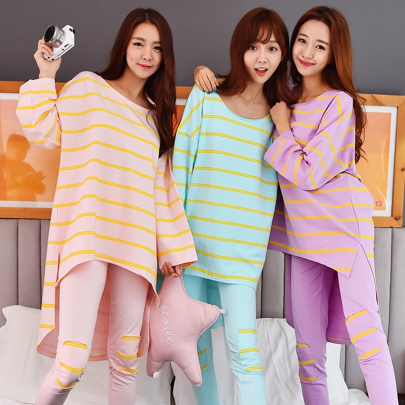 茵珠丽yinzhuli2016秋季新款韩版针织棉长袖女生姐妹闺蜜睡衣套装女