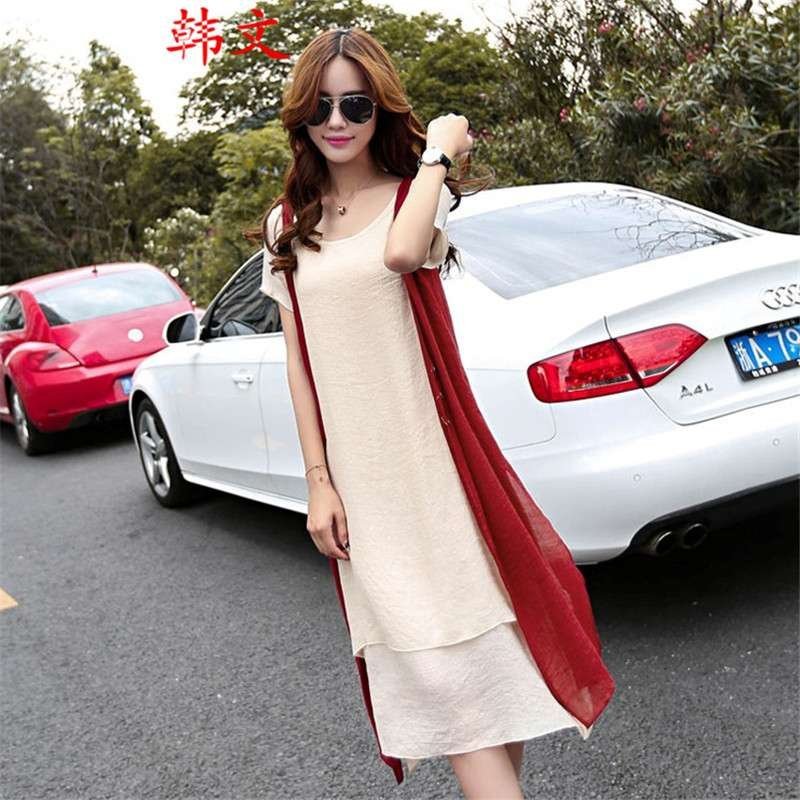 韩文夏装女装亚麻棉超长款两件套复古棉麻连衣裙套装长裙