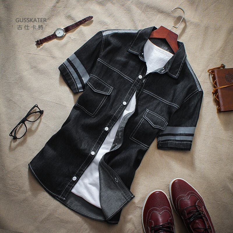 牛仔衬衫男士短袖衬衣修身韩版上衣男外穿潮牌