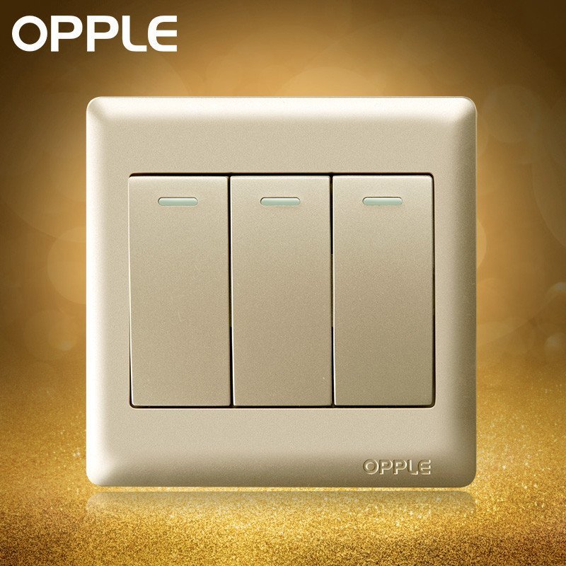 opple欧普照明86型金色3开双联墙壁床头开关三开双控开关插座面板