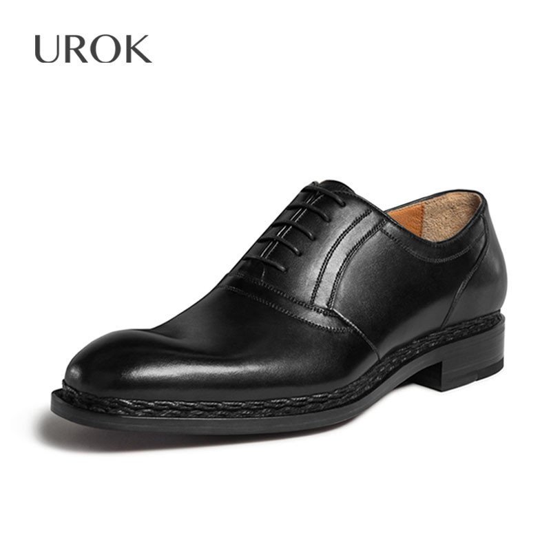 urok 手工定制固特异男皮鞋 时尚个性编织延条商务正装皮鞋 男士品牌
