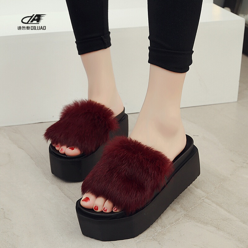 拖鞋女夏时尚外穿厚底毛毛拖室外兔毛凉鞋一字