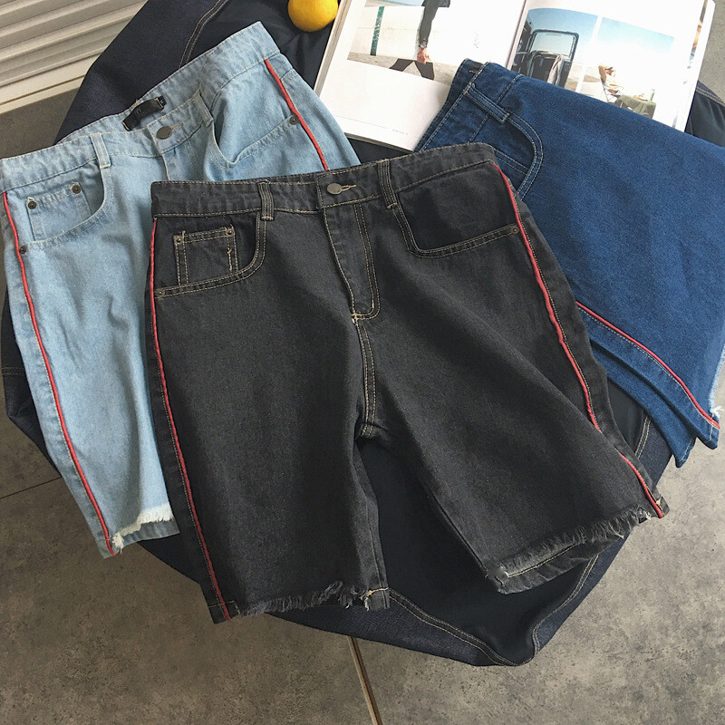 AR港风自制2017夏季韩版红边线条牛仔短裤潮