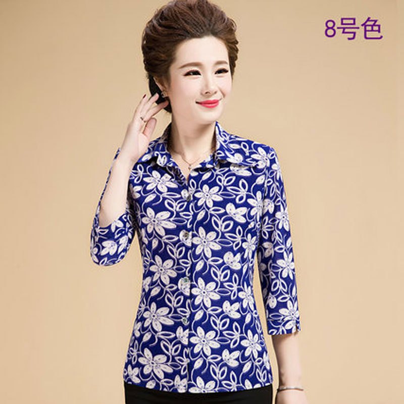 妈妈装开衫上衣老人大码t恤衬衣女夏百搭女士妈妈装长袖衬衣七分袖
