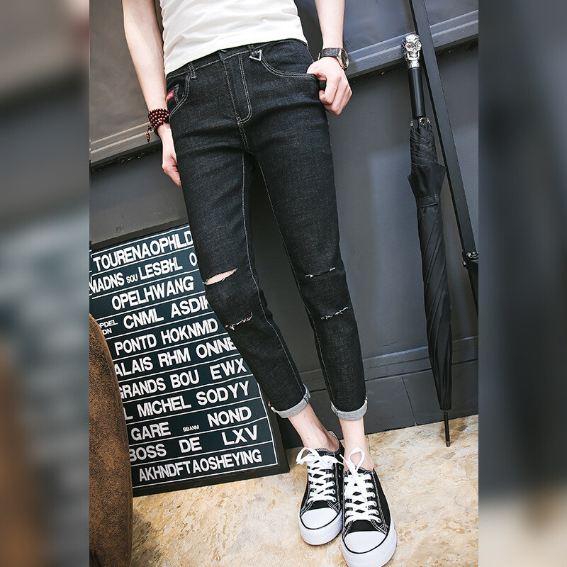 花花公子贵宾膝盖破洞潮男九分牛仔裤 花花公