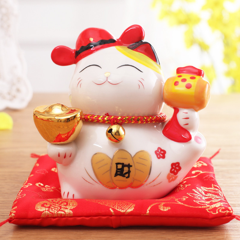 小号4寸七福猫(喜)招财猫 陶瓷存钱罐储蓄罐 办公室桌面家居摆件汽车