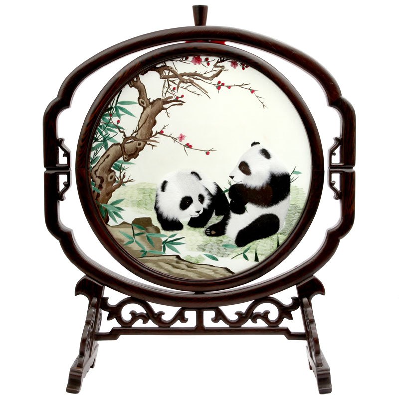 工美 苏绣双面绣25双圆灯笼架熊猫 工艺品 手工刺绣 四大名绣 中国