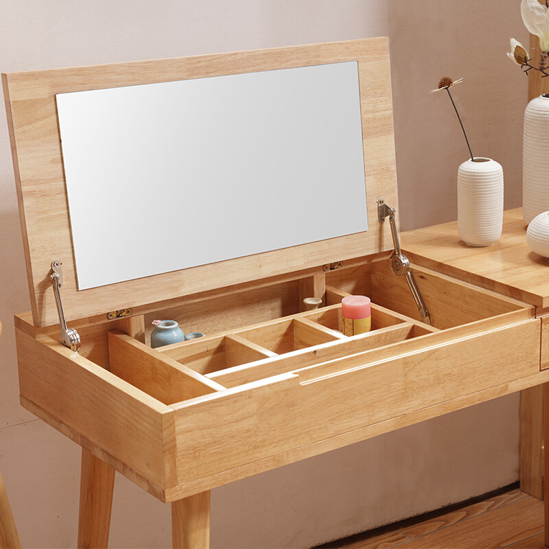 伊莱菲尔北欧文艺简约小户型多功能带镜子卧室翻盖实木橡胶木梳妆台化