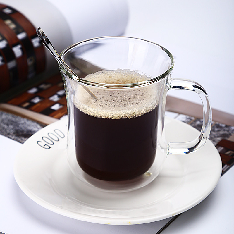 双层隔热玻璃杯马克杯男女咖啡杯透明耐热杯子办公室水杯带把茶杯