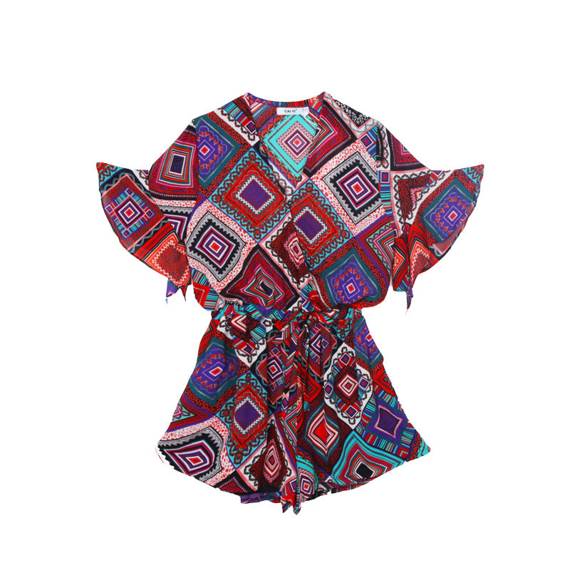 魅言魅语复古印花连体裤女夏宽松高腰短裤v领