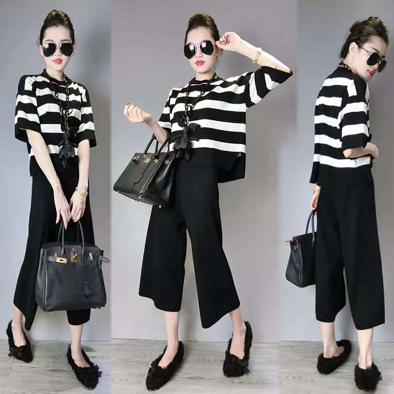 2017欧洲站早春新款女装两件套小香风条纹针织毛衣阔腿长裤时尚套装潮